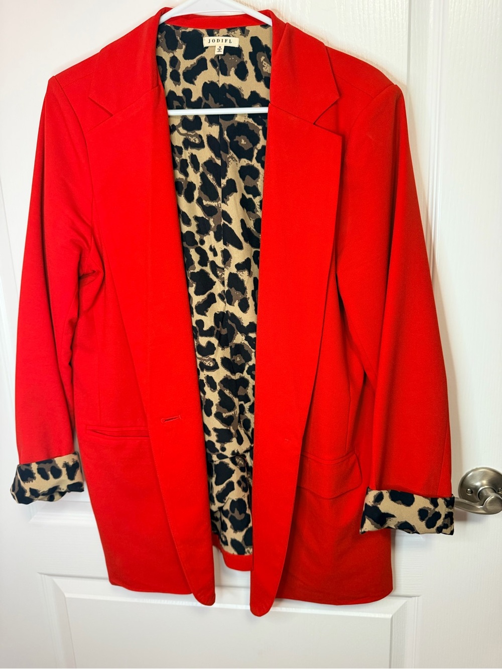 JODIFL Red Open-Front Blazer with Leopard Lining